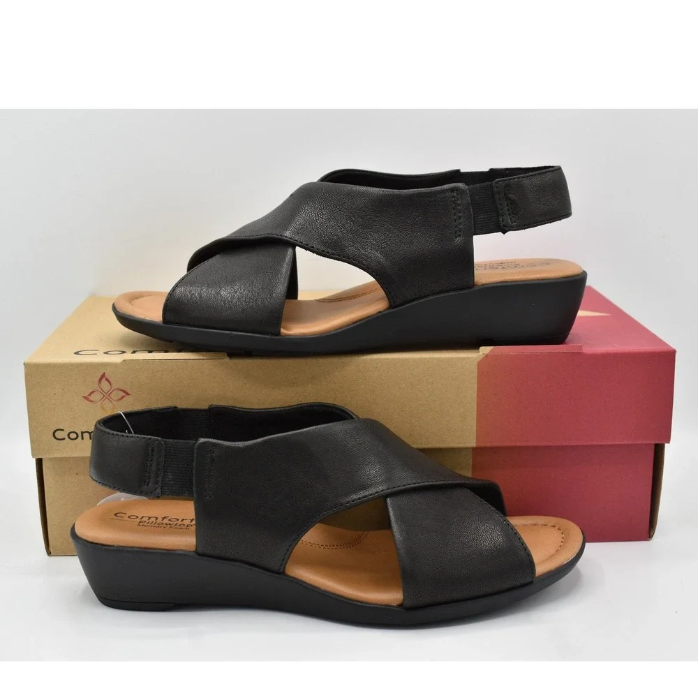 Comfortiva Womens 7.5 Emilee Black Leather Stretch Slingback Wedge Sandals Shoes
